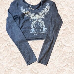 90s Y2K Butterfly Graphic Print Crop Top with Rhinestones and Button Detail